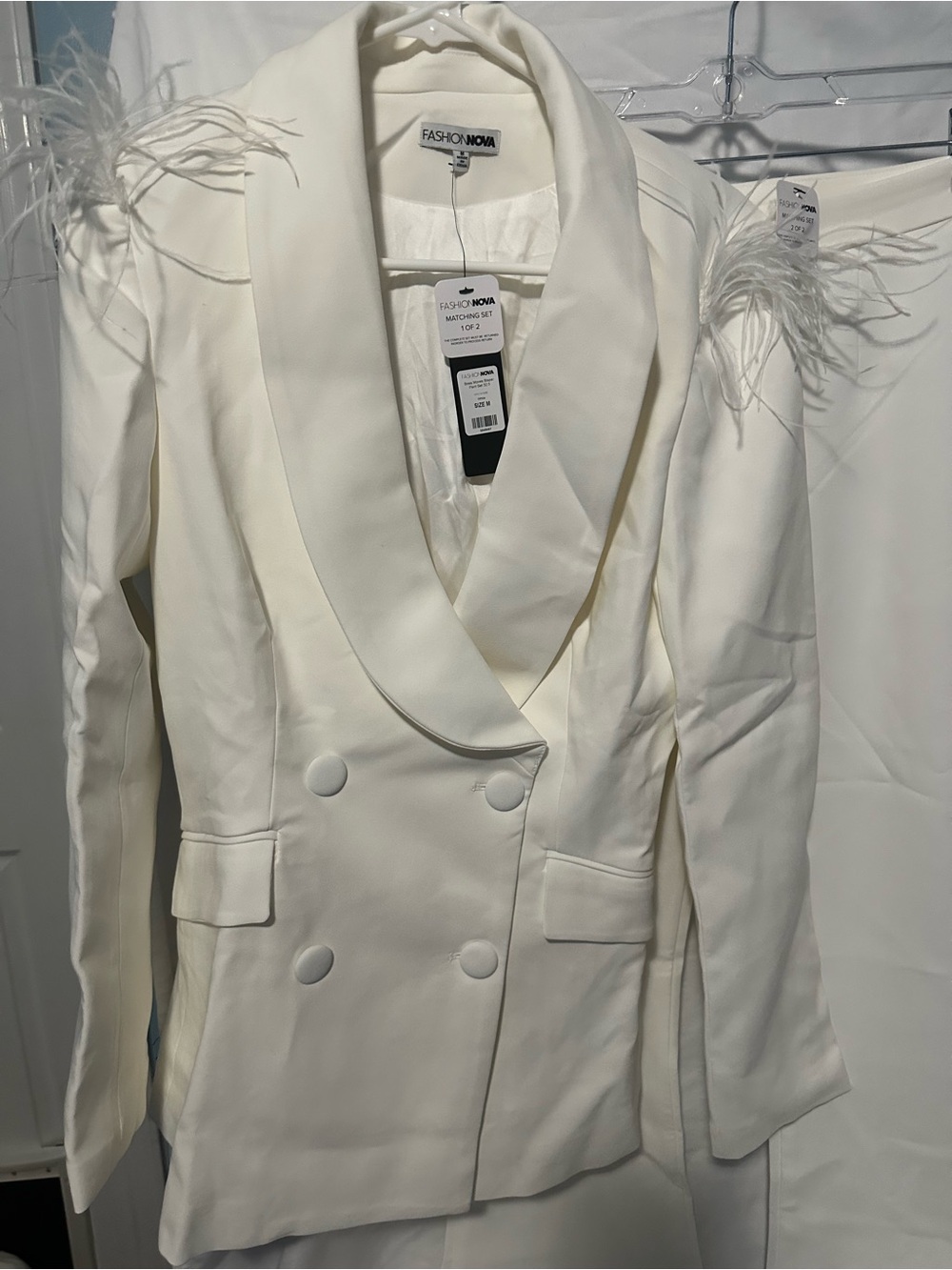 Fashion Nova Ivory Feather-Trim Double-Breasted Blazer with Wide-Leg Pants - Picture 2 of 8